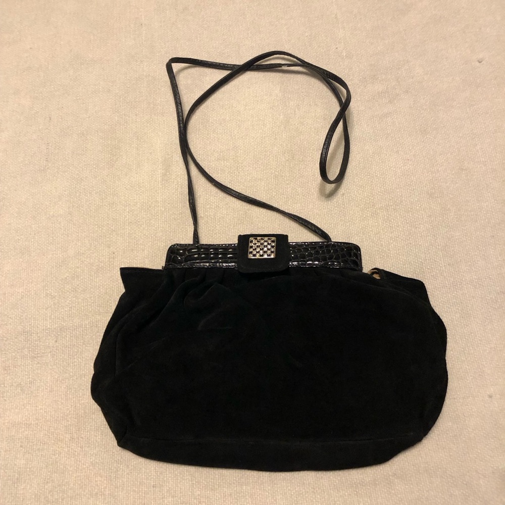 Vintage Black suede purse with rhinestone clasp by Brown’s shoes